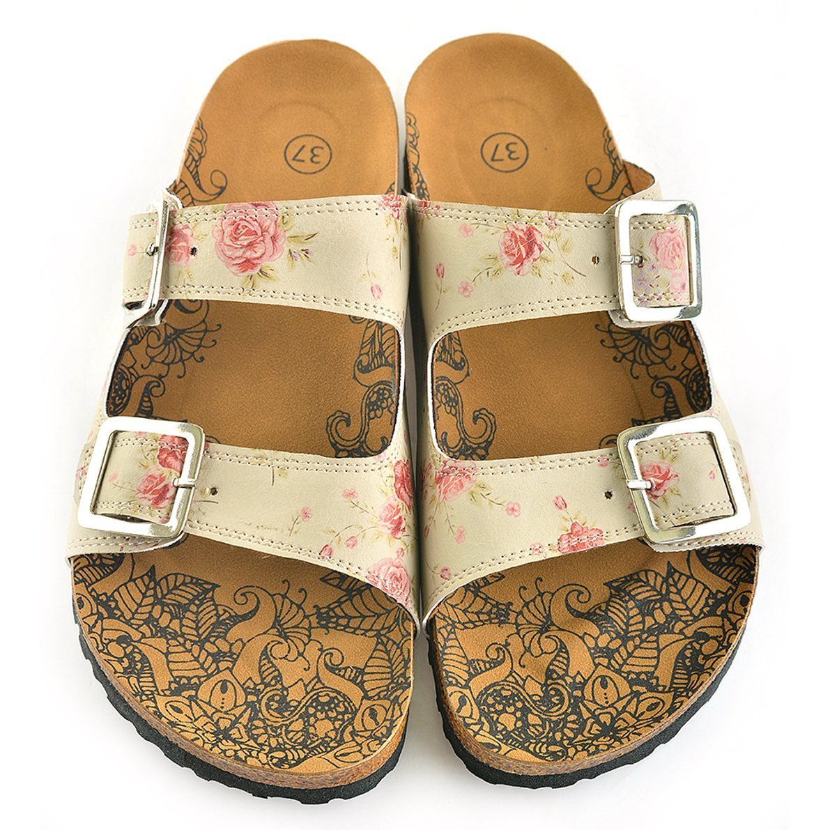 Cream & Pink Roses Two-Strap Buckle Sandal CAL209 (737682522208)