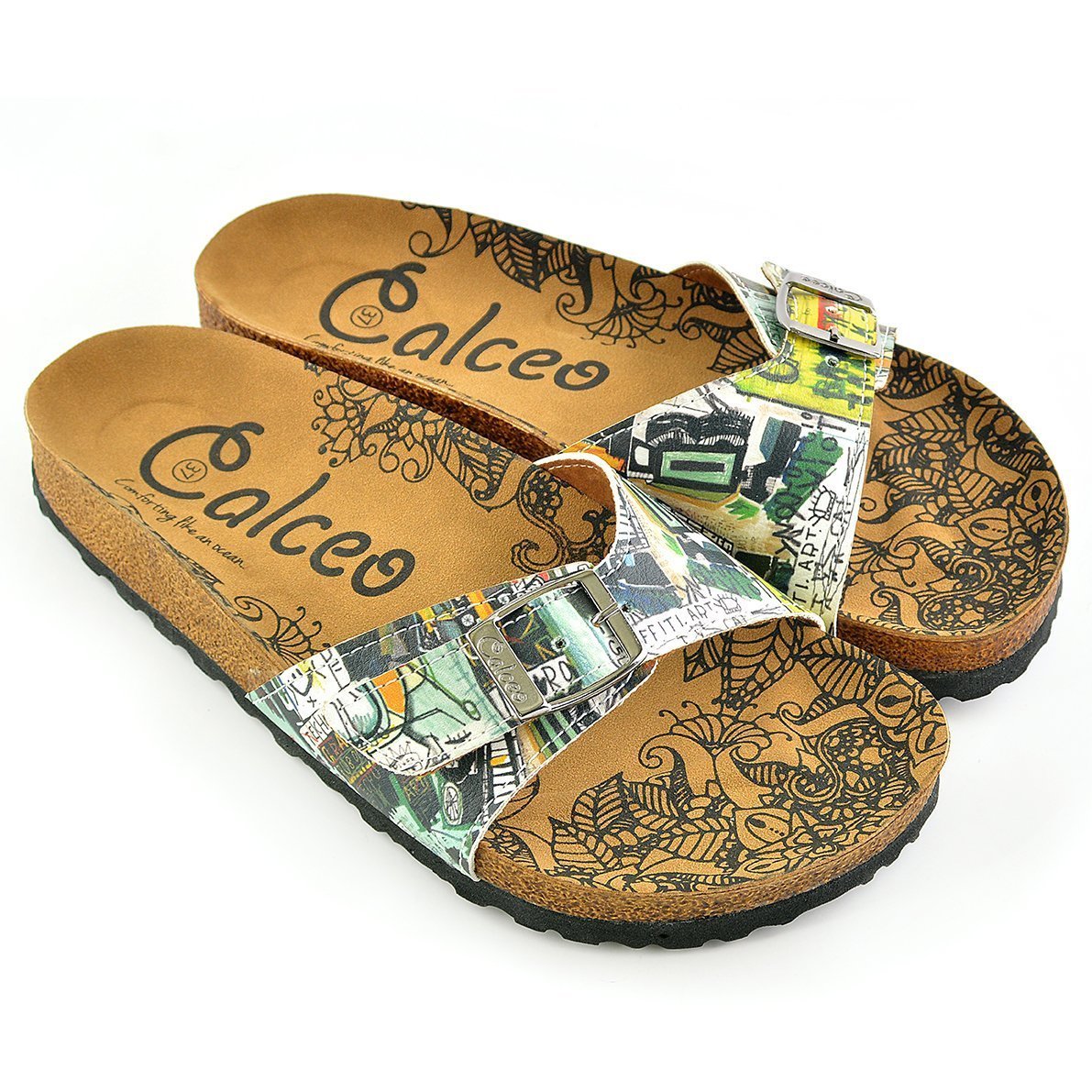 White & Green Abstract Buckle-Accent Sandal CAL907 (737678917728)