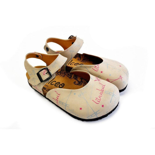 Beige, Blue, Red Sail and Bridge Color, Istanbul Written Patterned Clogs - CAL1607 (774941769824)