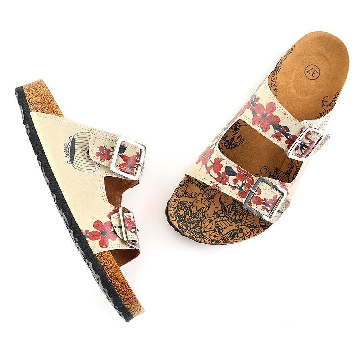Cream & Red Floral Two-Strap Buckle Sandal CAL207 (737699856480)