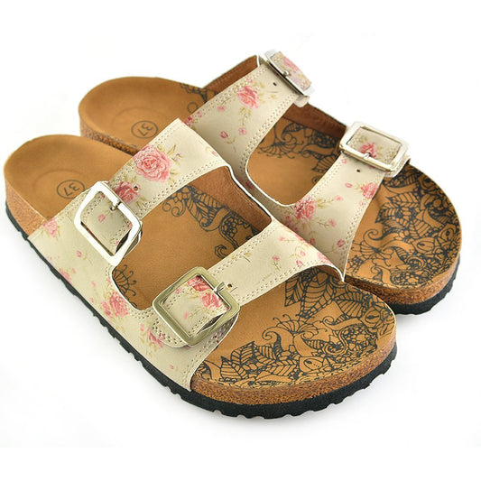 Cream & Pink Roses Two-Strap Buckle Sandal CAL209 (737682522208)