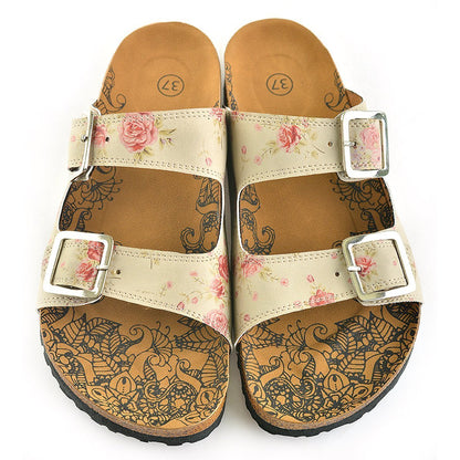 Cream & Pink Roses Two-Strap Buckle Sandal CAL209 (737682522208)