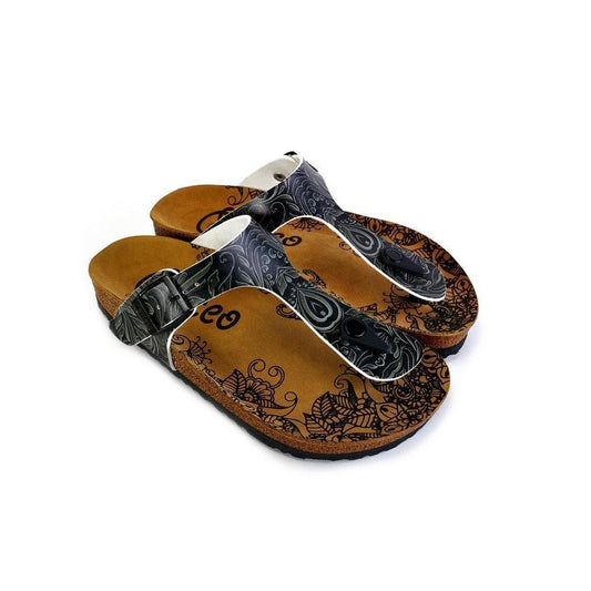 Black and Grey Patterned Flowers Sandal - CAL529 (774936232032)